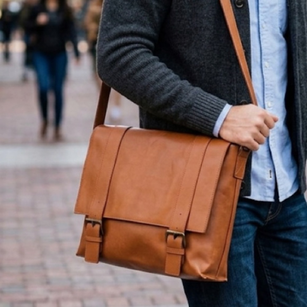 Maurizio Taiuti Leather‎ Cognac Men’s Classic Leather Messenger Crossbody Bag